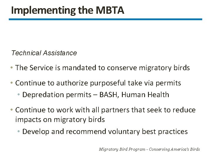 Implementing the MBTA Technical Assistance • The Service is mandated to conserve migratory birds