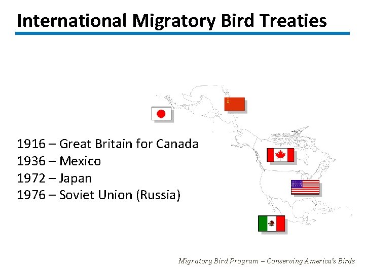 International Migratory Bird Treaties 1916 – Great Britain for Canada 1936 – Mexico 1972