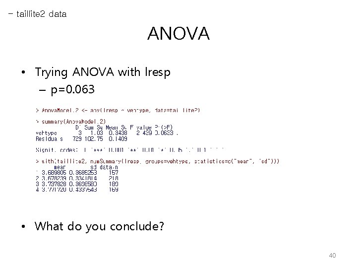 - taillite 2 data ANOVA • Trying ANOVA with lresp – p=0. 063 •