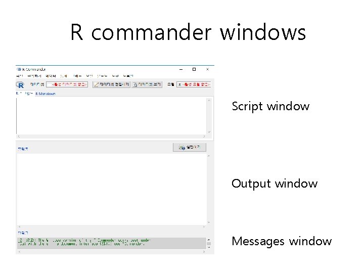 R commander windows Script window Output window Messages window 