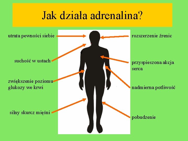 Jak działa adrenalina? utrata pewności siebie rozszerzenie źrenic suchość w ustach przyspieszona akcja serca