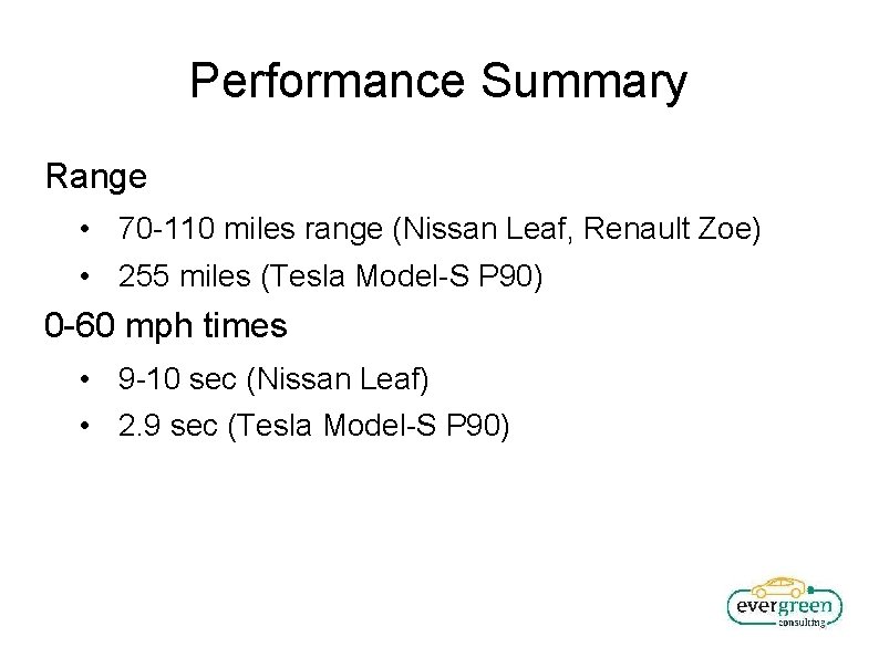 Performance Summary Range • 70 -110 miles range (Nissan Leaf, Renault Zoe) • 255