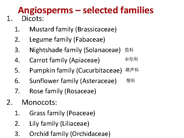 1. Angiosperms – selected families Dicots: 1. 2. 3. 4. 5. 6. 7. 2.