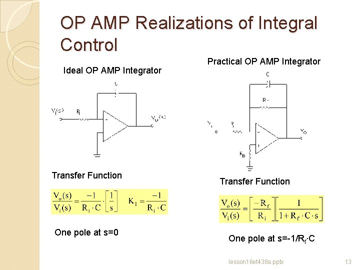OP AMP Realizations of Integral Control Ideal OP AMP Integrator Transfer Function One pole
