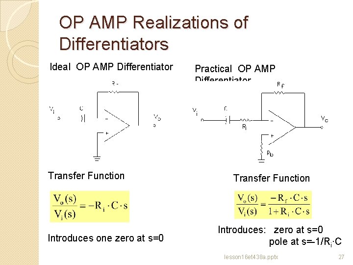 OP AMP Realizations of Differentiators Ideal OP AMP Differentiator Transfer Function Introduces one zero