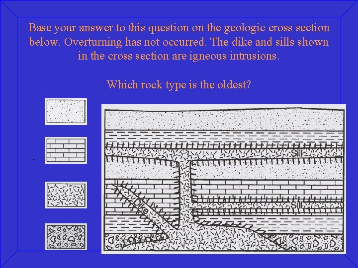 Base your answer to this question on the geologic cross section below. Overturning has