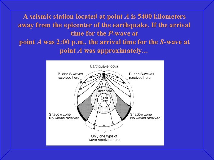 A seismic station located at point A is 5400 kilometers away from the epicenter