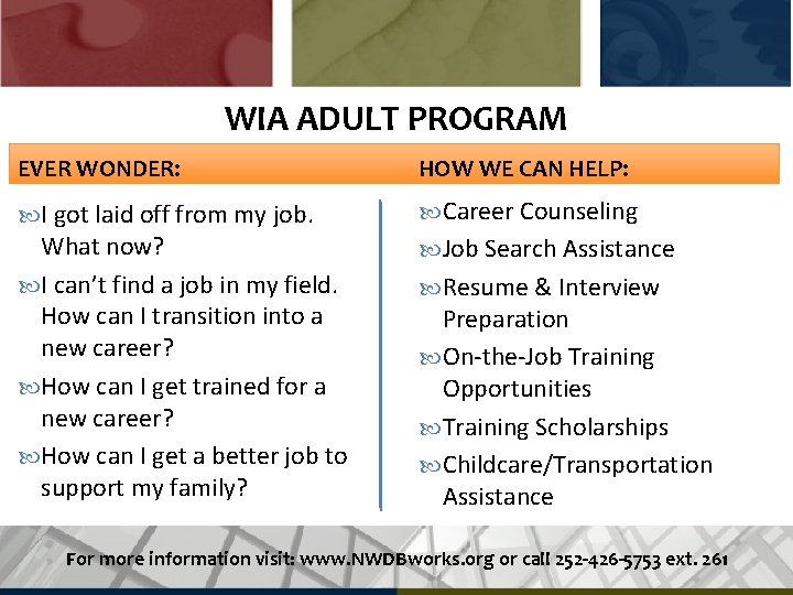 WIA ADULT PROGRAM EVER WONDER: HOW WE CAN HELP: I got laid off from