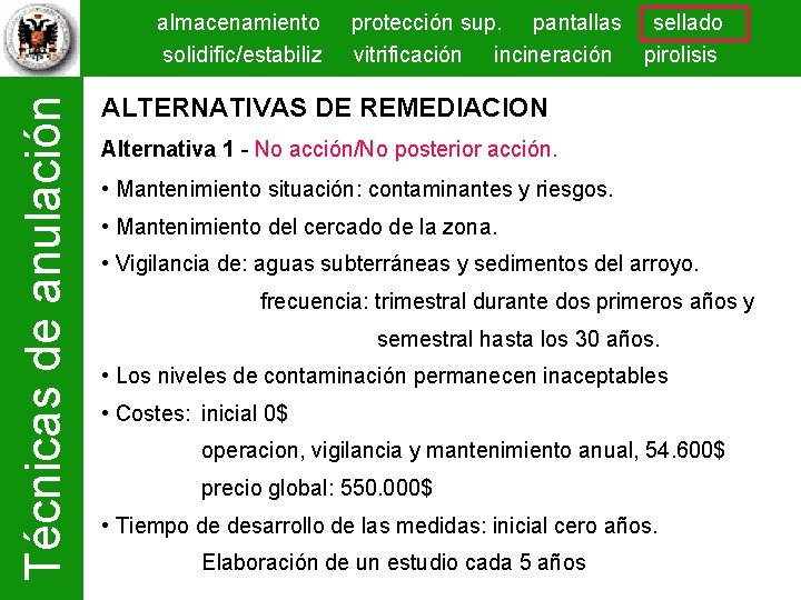 Técnicas de anulación almacenamiento solidific/estabiliz protección sup. pantallas sellado vitrificación incineración pirolisis ALTERNATIVAS DE