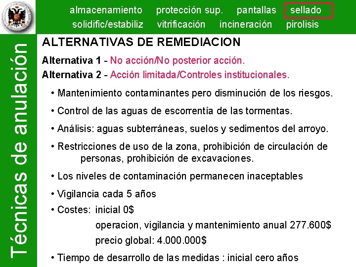 Técnicas de anulación almacenamiento solidific/estabiliz protección sup. pantallas sellado vitrificación incineración pirolisis ALTERNATIVAS DE
