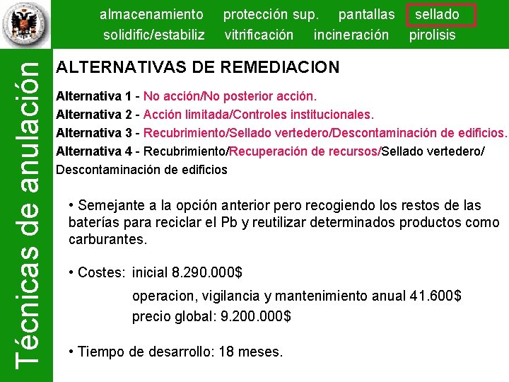 Técnicas de anulación almacenamiento solidific/estabiliz protección sup. pantallas sellado vitrificación incineración pirolisis ALTERNATIVAS DE