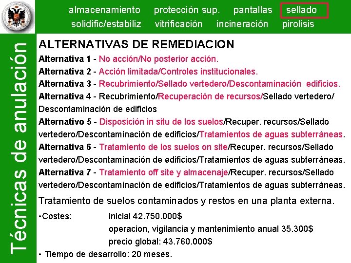 Técnicas de anulación almacenamiento solidific/estabiliz protección sup. pantallas sellado vitrificación incineración pirolisis ALTERNATIVAS DE