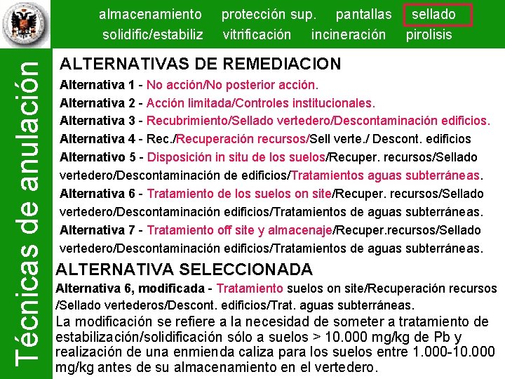 Técnicas de anulación almacenamiento solidific/estabiliz protección sup. pantallas sellado vitrificación incineración pirolisis ALTERNATIVAS DE