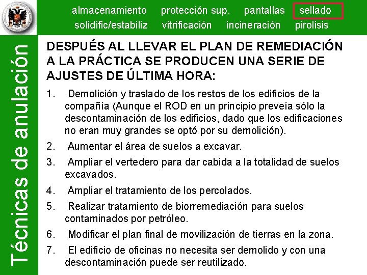 Técnicas de anulación almacenamiento solidific/estabiliz protección sup. pantallas sellado vitrificación incineración pirolisis DESPUÉS AL