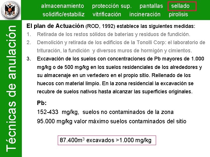 Técnicas de anulación almacenamiento solidific/estabiliz protección sup. pantallas sellado vitrificación incineración pirolisis El plan