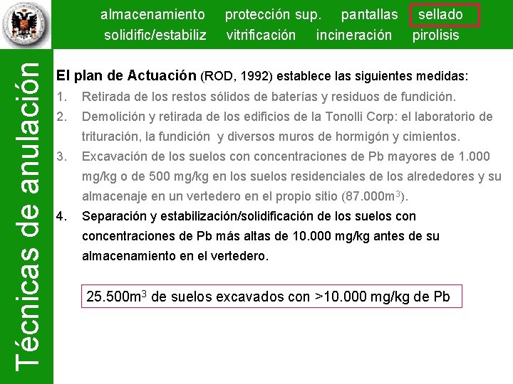 Técnicas de anulación almacenamiento solidific/estabiliz protección sup. pantallas sellado vitrificación incineración pirolisis El plan