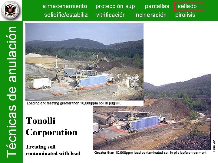 protección sup. pantallas sellado vitrificación incineración pirolisis Tonolli Corporation Treating soil contaminated with lead