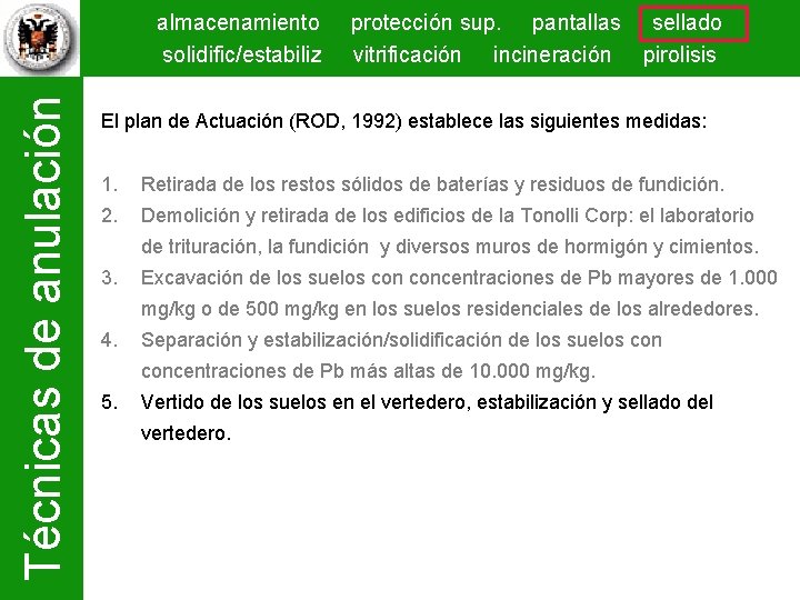 Técnicas de anulación almacenamiento solidific/estabiliz protección sup. pantallas sellado vitrificación incineración pirolisis El plan