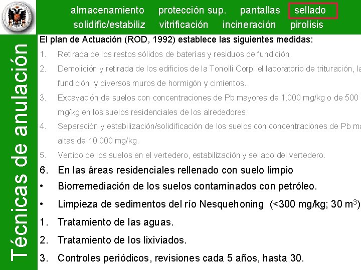 Técnicas de anulación almacenamiento solidific/estabiliz protección sup. pantallas sellado vitrificación incineración pirolisis El plan