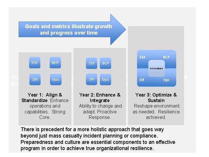 Goals and metrics illustrate growth and progress over time BCP EM EM BCP Governance