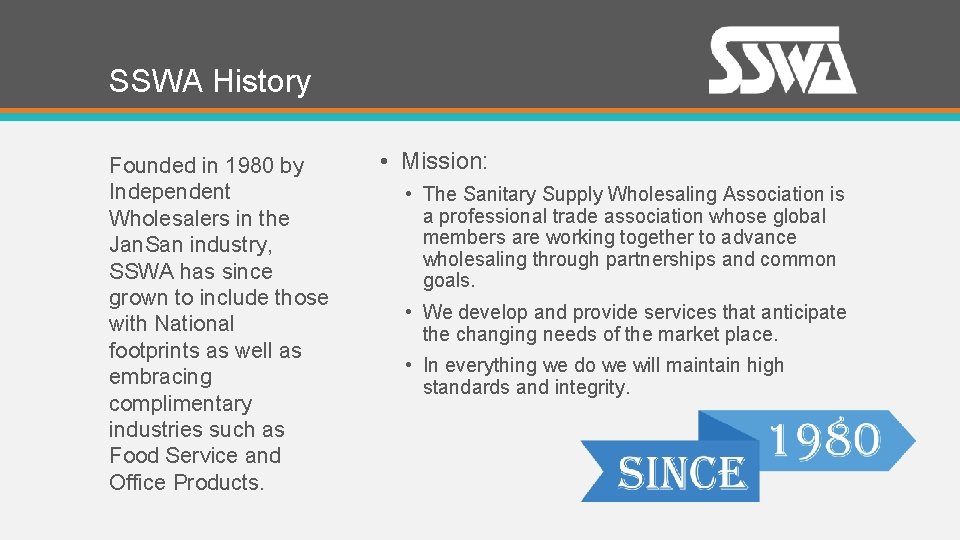 SSWA History Founded in 1980 by Independent Wholesalers in the Jan. San industry, SSWA