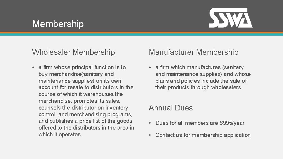 Membership Wholesaler Membership Manufacturer Membership • a firm whose principal function is to buy