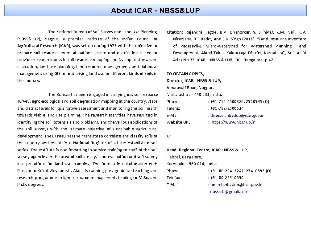 About ICAR - NBSS&LUP The National Bureau of Soil Survey and Land Use Planning