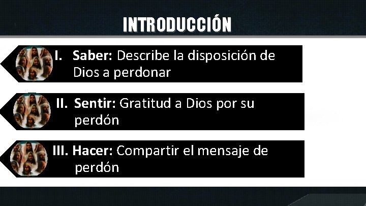 INTRODUCCIÓN I. Saber: Describe la disposición de Dios a perdonar II. Sentir: Gratitud a