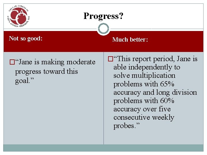 Progress? Not so good: �“Jane is making moderate progress toward this goal. ” Much