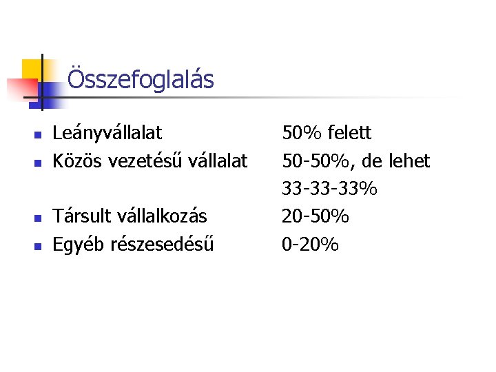 Összefoglalás n n Leányvállalat Közös vezetésű vállalat Társult vállalkozás Egyéb részesedésű 50% felett 50