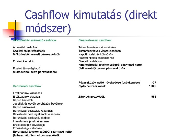 Cashflow kimutatás (direkt módszer) 