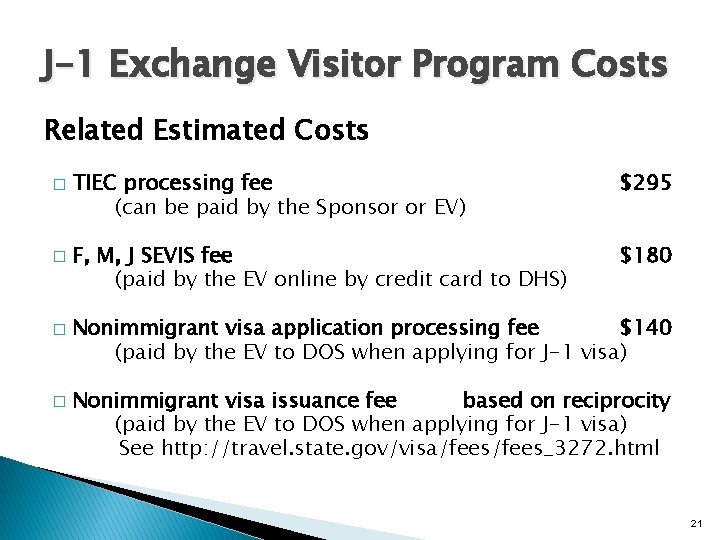 J-1 Exchange Visitor Program Costs Related Estimated Costs � � TIEC processing fee (can