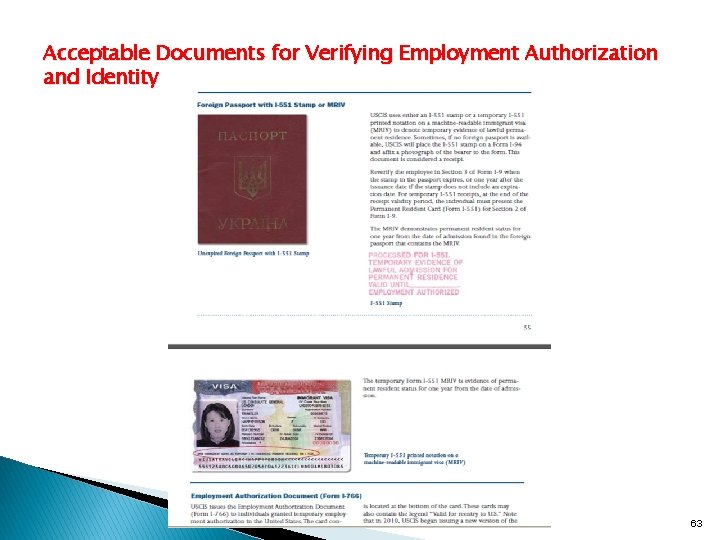 Acceptable Documents for Verifying Employment Authorization and Identity 63 