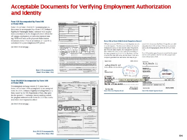 Acceptable Documents for Verifying Employment Authorization and Identity 64 