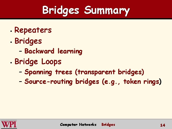 Bridges Summary Repeaters § Bridges § – Backward learning § Bridge Loops – Spanning Bridges Summary Repeaters § Bridges § – Backward learning § Bridge Loops – Spanning