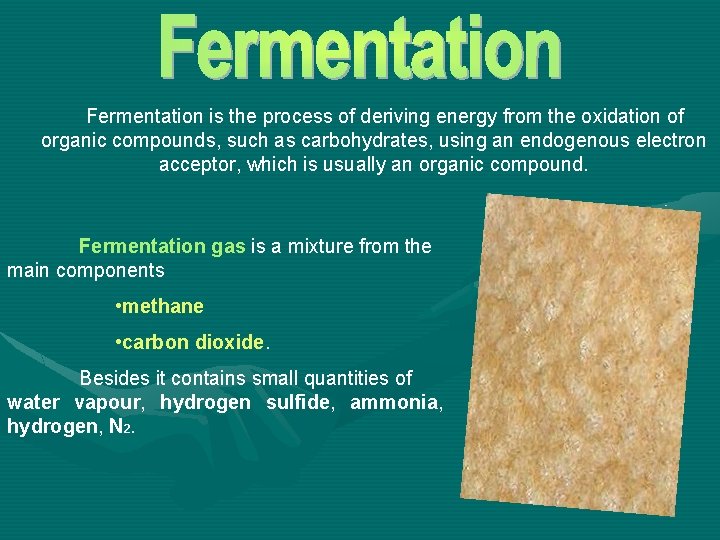 Fermentation is the process of deriving energy from the oxidation of organic compounds, such