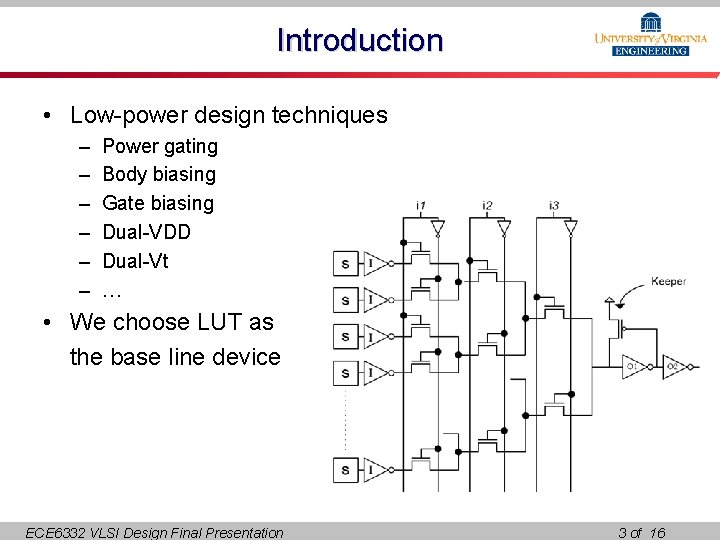 Introduction • Low-power design techniques – – – Power gating Body biasing Gate biasing