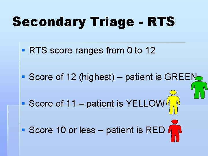 Secondary Triage - RTS § RTS score ranges from 0 to 12 § Score