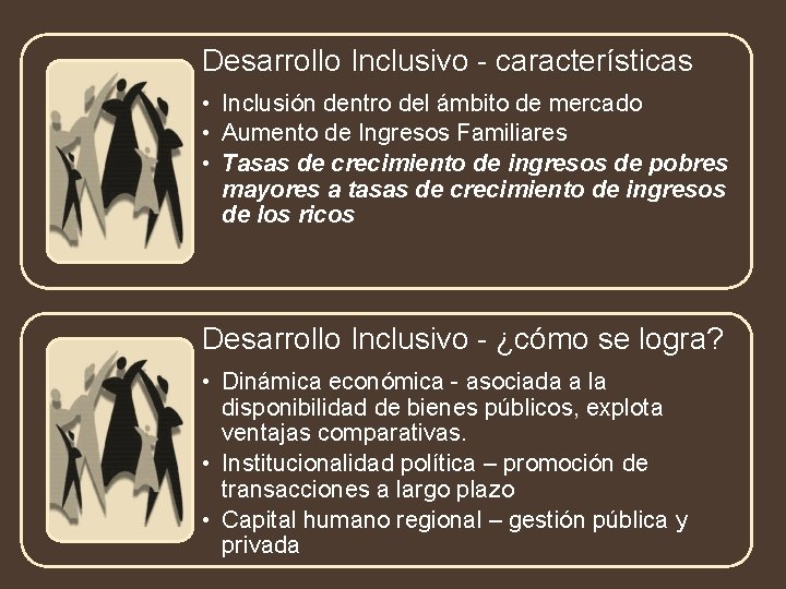 Desarrollo Inclusivo - características • Inclusión dentro del ámbito de mercado • Aumento de