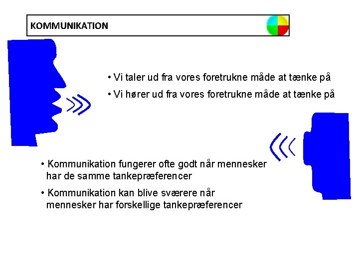 KOMMUNIKATION • Vi taler ud fra vores foretrukne måde at tænke på • Vi