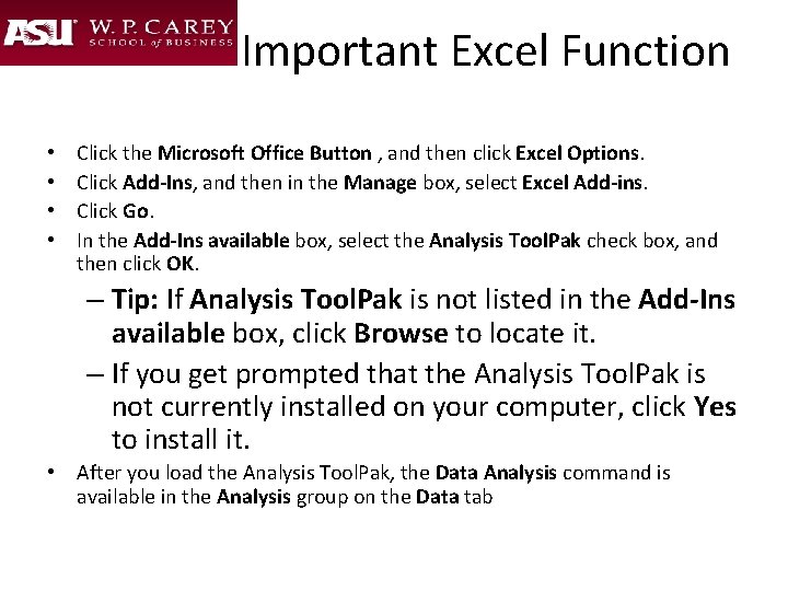 Important Excel Function • • Click the Microsoft Office Button , and then click
