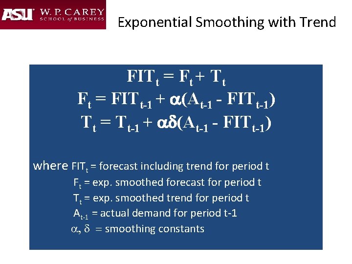 Exponential Smoothing with Trend FITt = Ft + Tt Ft = FITt-1 + a(At-1