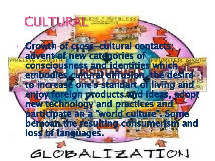 CULTURAL Growth of cross-cultural contacts; advent of new categories of consciousness and identities which