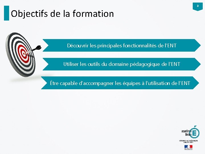 Objectifs de la formation Découvrir les principales fonctionnalités de l’ENT Utiliser les outils du