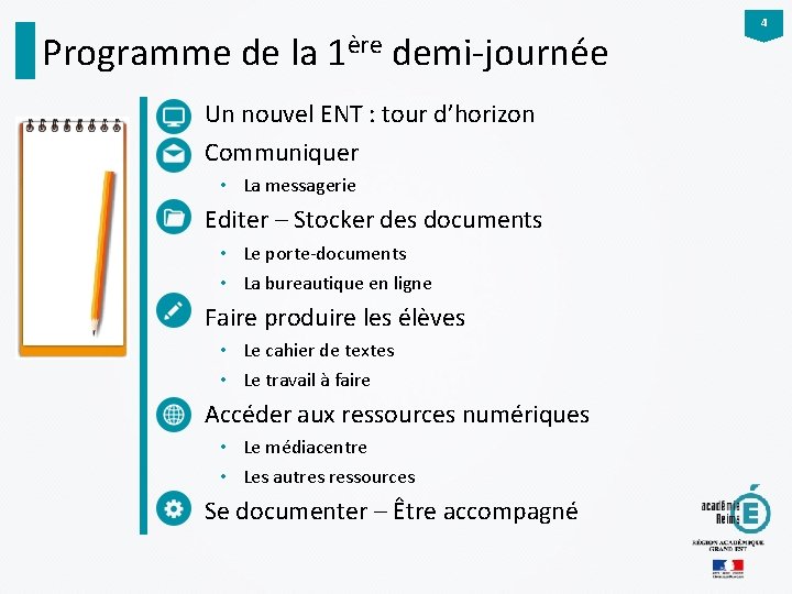 Programme de la 1ère demi-journée Un nouvel ENT : tour d’horizon Communiquer • La