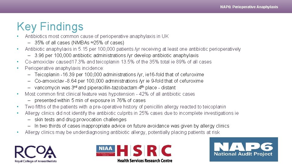 NAP 6: Perioperative Anaphylaxis Key Findings • • Antibiotics most common cause of perioperative