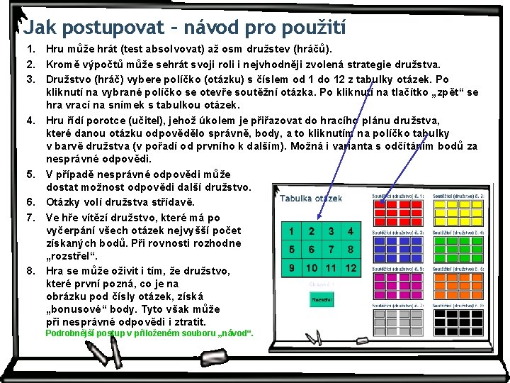 Jak postupovat – návod pro použití 1. Hru může hrát (test absolvovat) až osm