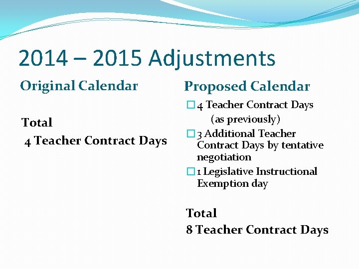 2014 – 2015 Adjustments Original Calendar Total 4 Teacher Contract Days Proposed Calendar �