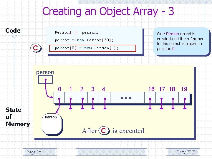 Creating an Object Array - 3 Code Person[ ] person; person = new Person[20];
