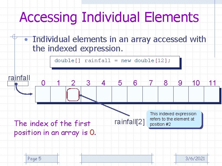 Accessing Individual Elements • Individual elements in an array accessed with the indexed expression.